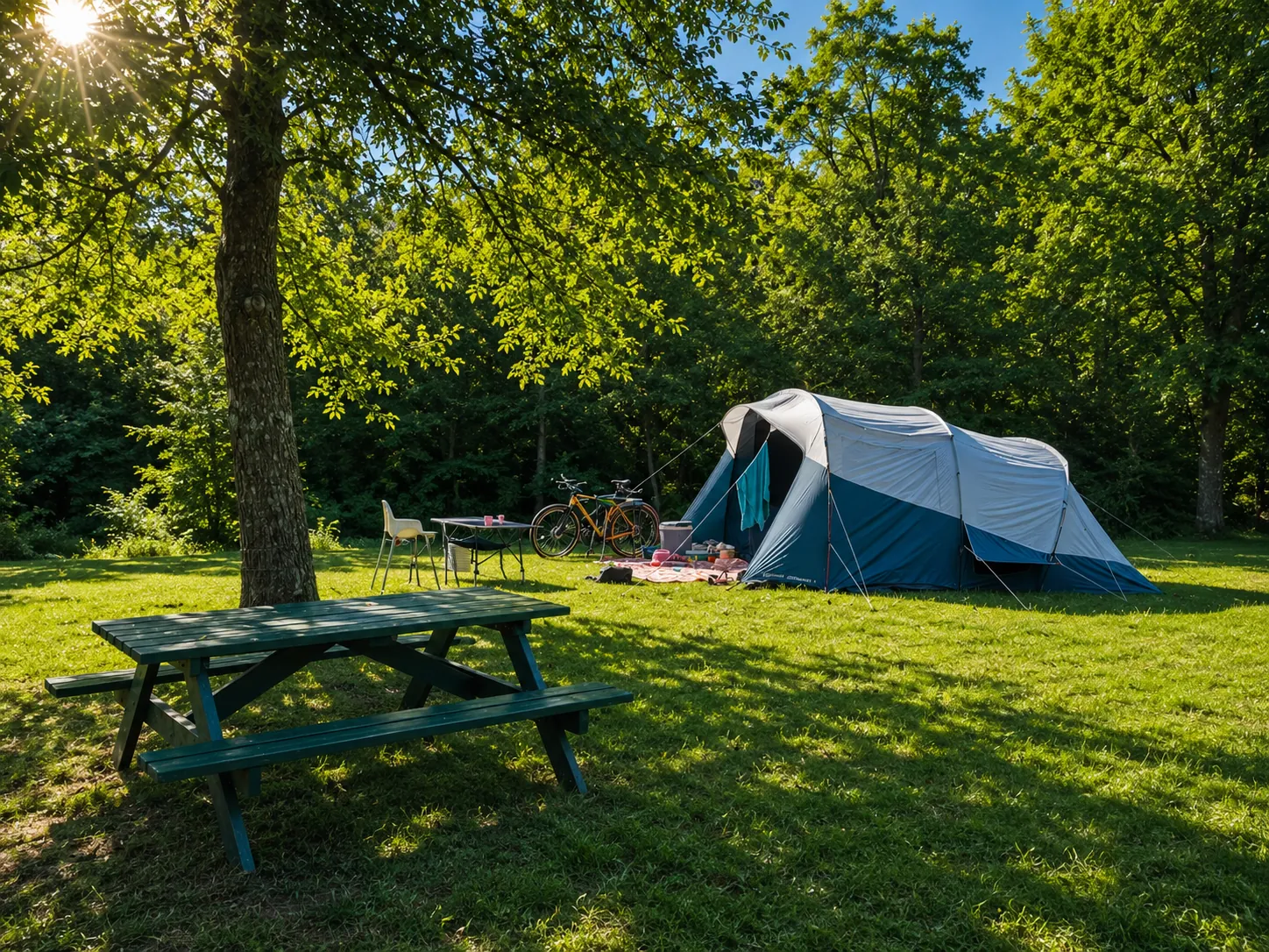 Tente familiale à l'ombre des arbres avec table de pique-nique