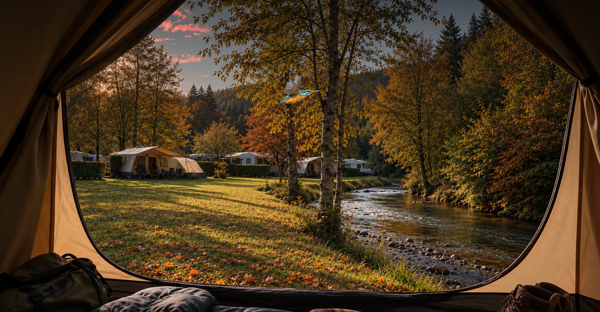 Vue depuis une tente sur Camping La Lienne au bord de la rivière dans les Ardennes belges